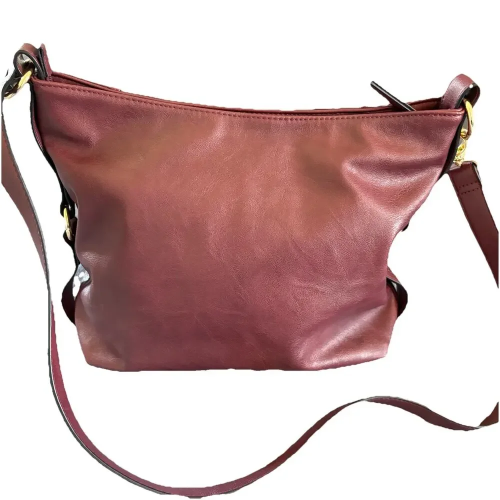 INC International Concepts Burgundy Top Zip Closure Hobo Bag Inside Pockets